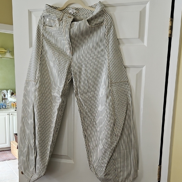 Tibi Navy and White Striped Trousers